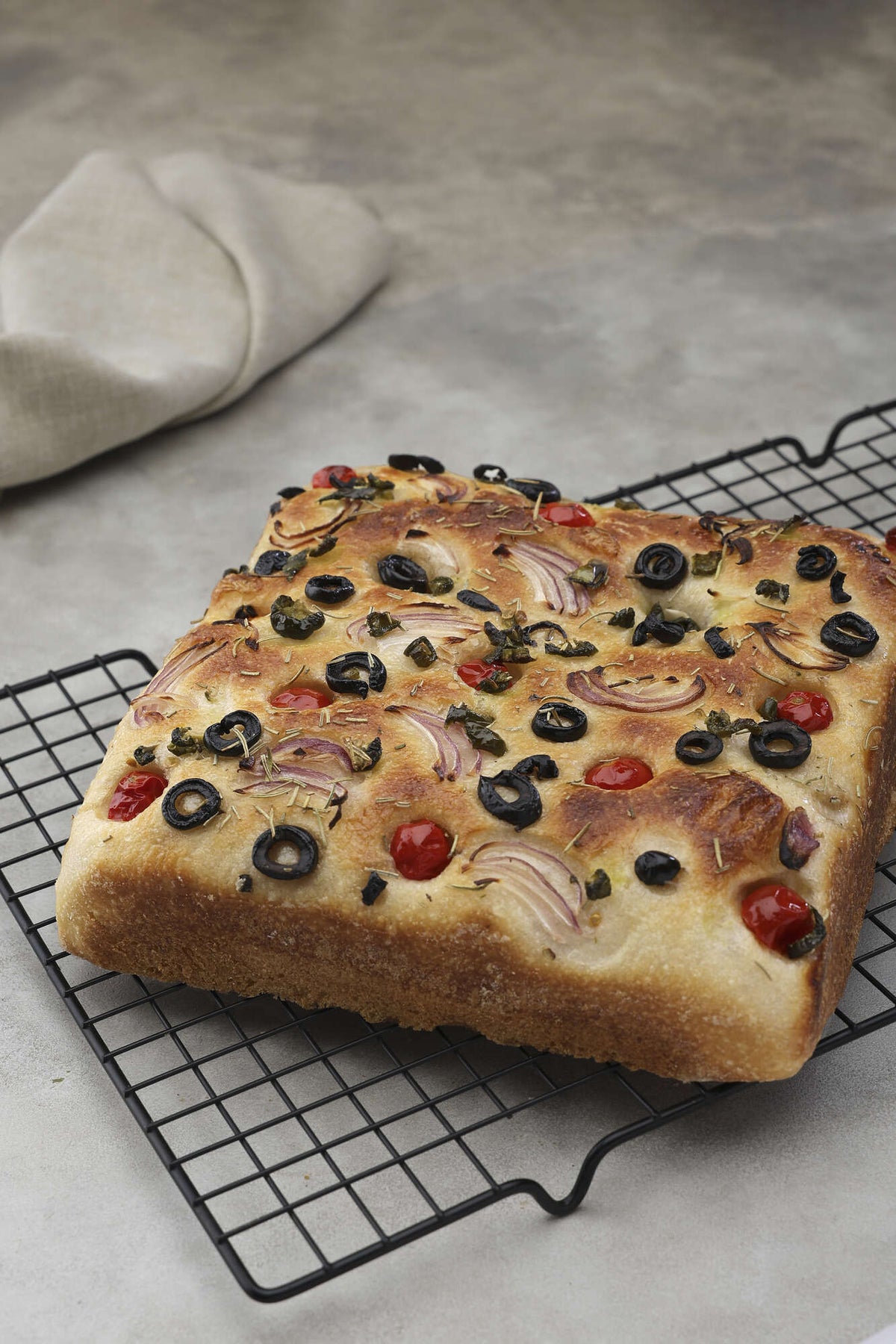 Cherry Tomato, Olives, Onion, Rosemary, Jalapeño, Sea Salt Focaccia